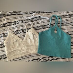 White Lace Bralette and Teal Ribbed Halter Top